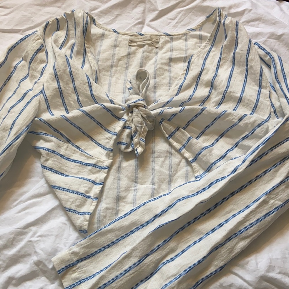 White and blue tie blouse